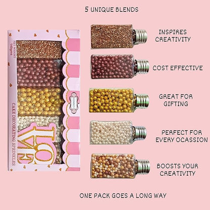 Confect Sprinkle Mix – Edible Gold, Bronze & White Sugar Pearls with Copper Sparkling Sugar –Great Gatsby Disco Ball- Elegant Cake, Cupcake & Cookie Decorating Sprinkles –Vegan, Gluten-Free, Nut-Free, Soy-Free, Dairy-Free, Palm Oil-Free, Dye Free- 5 Oz