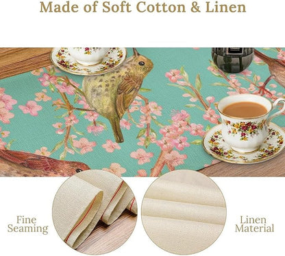 Table Runner with Flowers and Birds, Spring Plant Flowers Table Decoration Linen Table Runner Family Party Party Decorations 13x120 Inches