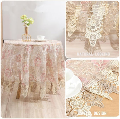 Round Embroidered Lace Tablecloth Vintage Decorative Exquisite Border Table Cover for Party Wedding Home Decorations, Round-35, Pink