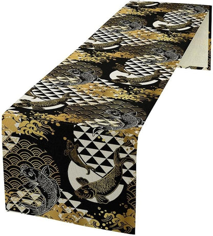 Japanese Table Runner Oriental Tradition Kio Fish Gold Art Printed Burlap Runner Home Kitchen Dining Table Living Room Decor Fabric 1 Panel W13xL60in
