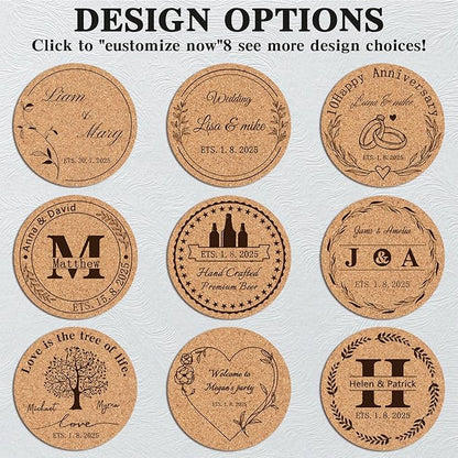 Custom Coasters Personalized Cork Coasters Bulk with Logo Wedding Personalized Cork Natural Wood Engraved Drink for Wedding Favors (Cork Coasters - Circle)