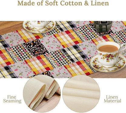 Patchwork Table Runner, Boho Vintage Floral Checkered Plaid Bohemian Paisley Flower Farmhouse Table Center Decor for Home Kitchen Dining Patio Holiday Party Indoor Table Decorations, 13"x72" Inch