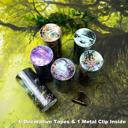 Forest-Themed Seamless Washi Tape Scrapbook Kit – 6 Rolls with Cottage, Waterfall & Fairy Forest Designs for Journaling, DIY Crafts, Gift Wrapping, Card Making and Decoration