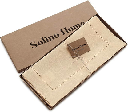 Solino Home Linen Beige Table Runner 120 Inches Long - 100% Pure Linen 14 x 120 Inch Table Runner for Fall, Autumn, Thanksgiving, Christmas - Classic Hemstitch