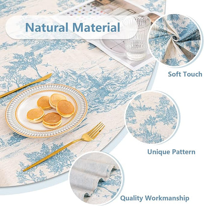 MYSKY HOME Linen Vintage Rectangle Tablecloth 60x84 Inches, Blue Castle Print Table Cloth for Dining Table I Tabletop I Parties/Outdoor I Spring/Summer Waterproof Fabric Farmhouse Tablecloth