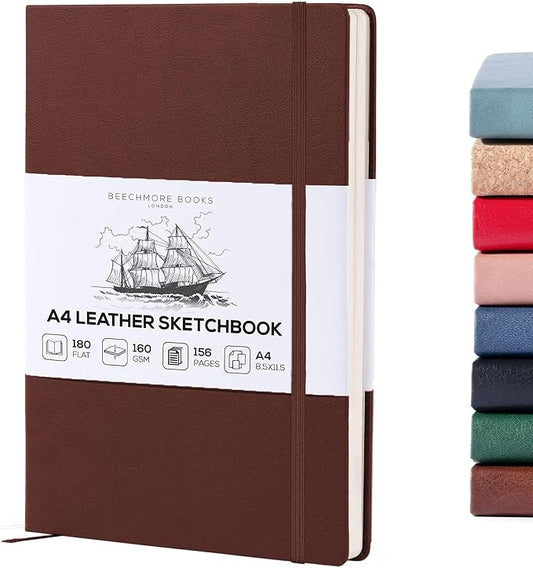 Beechmore Books A4 Sketchbook – 8.5x11 Premium Vegan Leather Bound Large Sketch Book Hardcover with 156 Thick 160gsm Perforated Ivory Pages, Blank Sketch Pad, Gift Boxed, Back Pocket, Ribbon Bookmark