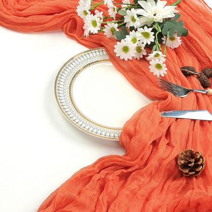 6 Pack Fall Thanksgiving Table Runner Orange 10ft Boho Gauze Fabric Cheesecloth Table Runner 35 x 120 Inch Rustic Sheer Runner for Wedding Home Décor Halloween Party Centerpiece Decorations