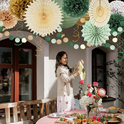 23PCS Sage Green Party Decoration,Green Paper Lanterns Fans,Pom Poms Flowers,Hanging Party Garland for Women Girls Boys Adults Birthday Party,Wedding,Baby Shower,Bridal Shower Party Decor