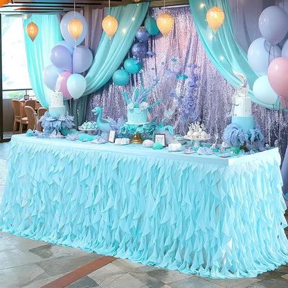 Partisky Aqua Blue Tulle Curly Willow Table Skirt for Rectangle Table 17ft, Ruffle Tutu Table Cloth for Boys Baby Shower,Birthday Party Candy Cake Tables
