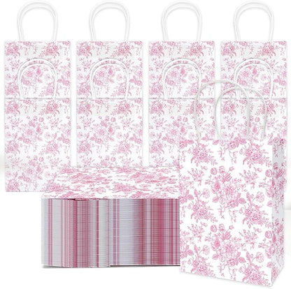 JarThenaAMCS 52Pcs Pink Floral Paper Gift Bag Vintage Wildflower Treat Bags with Handles Chinoiserie Candy Goodie Bags for Spring Summer Birthday Wedding Bridal Shower Party Favors Supplies