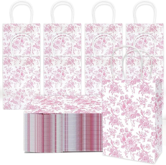 JarThenaAMCS 52Pcs Pink Floral Paper Gift Bag Vintage Wildflower Treat Bags with Handles Chinoiserie Candy Goodie Bags for Spring Summer Birthday Wedding Bridal Shower Party Favors Supplies