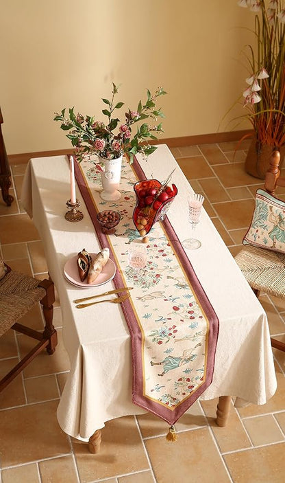 patdrea Designer Idyll Linen Table Runner, Vintage Beige Farmhouse with Ancient Spring Figure and Fruit Trees Pattern Table Mat, Decoration for Kitchen Dining Banquet Christmas ,12"*71"