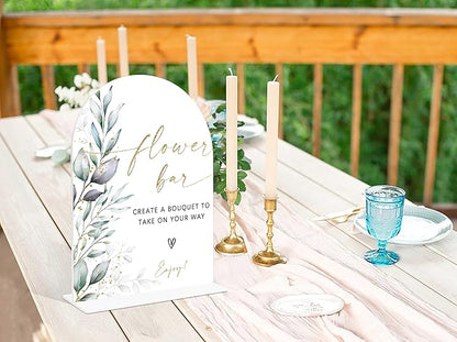 Acrylic Wedding Signs, Greenery Theme Flower Bar Sign, Wedding Reception Signage, Bridal Shower Table Decor with Stand, Flower Bar Supplies for Engagement, Anniversary, Newlywed Event and Party, 03
