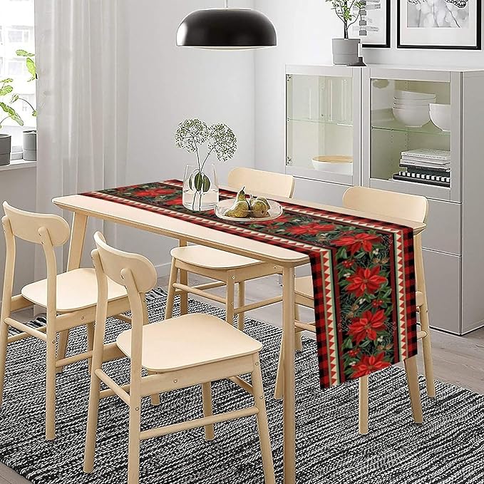 Christmas Table Runner,Seasonal Winter Xmas Holiday Plaid Table Cloth Kitchen Dining Table Decoration for Home Party Decor 13x90 Inch
