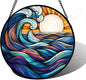 Stained Glass Window Hanging, Big Wave Sun Suncatcher Diamond Glass Panel Hangings Abstract Sun Catchers Decor for Birthday for Women, Men, Wife, Aunt, and Mom 11.8x11.8 in
