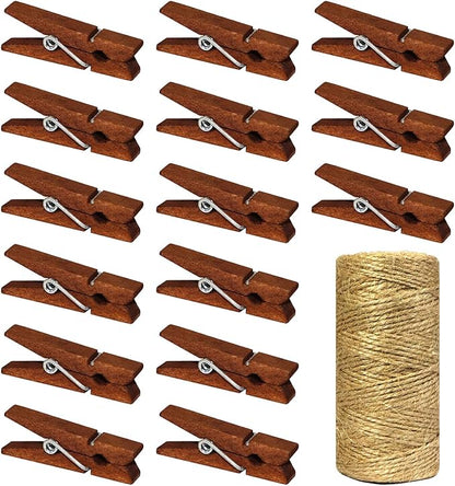 Mini Natural Wooden Clothespins with Jute Twine, 100pcs, 1.4 Inch Photo Paper Peg Pin Craft Clips with 320ft Natural Twine for Scrapbooking, Arts & Crafts, Hanging Photos (Rustic Brown)