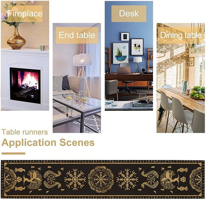 Viking Tree of Life Abstract Table Runner for Living Room Home Party Coffee Dining Party Wedding Golden Black Celtic Style Geometric Dragon Boat Rudder Ancient Script Table Runner 13x90 Inch