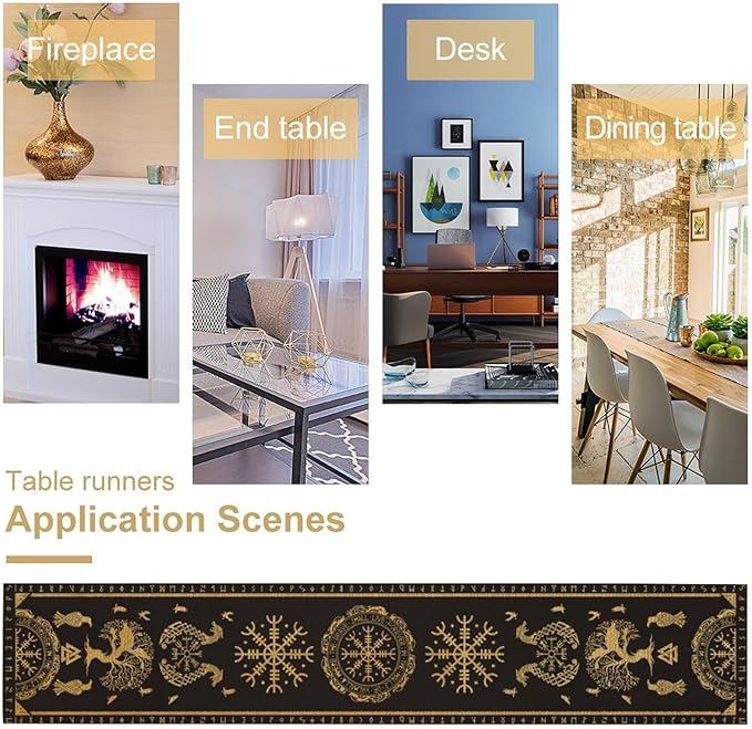 Viking Tree of Life Abstract Table Runner for Living Room Home Party Coffee Dining Party Wedding Golden Black Celtic Style Geometric Dragon Boat Rudder Ancient Script Table Runner 13x70 Inch