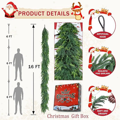 16 Ft Christmas Cedar Garland for Staircase Railing Real Touch Soft Bendable Faux Winter Xmas Greenery Pine Garlands Mantle Garland for Decoration for Window Fireplace Door Railing Wall Home Decor