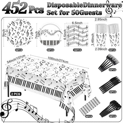 452 Pcs Music Themed Party Decorations for 50 Guests, Musical Notes Paper Plates Napkins Cups Tablecloth Cutlery Straws for Music Karaoke Birthday Wedding Baby Shower Party Supplies