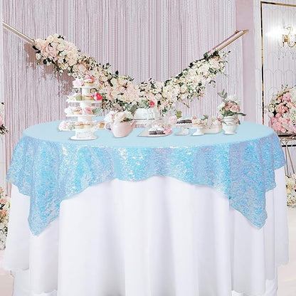 ShinyBeauty Iridescent Aqua Sequin Tablecloth Square Tablecloths Glitter Table Overlay Aqua Blue TableCover Sequin Table Cloth Small Linen for Birthday Baby Shower Decor (54”X54”)