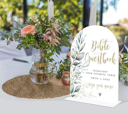 Acrylic Wedding Signs, Greenery Theme Bible Guestbook Sign, Wedding Reception Signage, Bridal Shower Table Decor with Stand, Engagement, Anniversary, Newlywed Events and Parties Supplies, 21