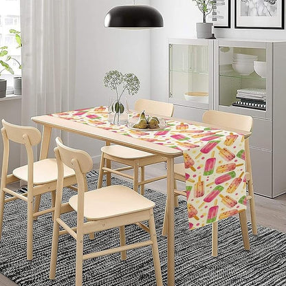 Ice Cream Popsicles Table Runner, Watercolor Summer Seasonal Fruit Peach Kiwi Berry Popsicles Orange Pink Sweet Dessert Dinner Runner for Party Holiday Home Kitchen Dining Table Decor 13"x108"