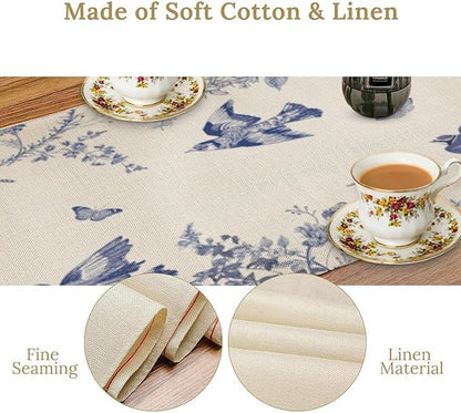 Monochrome Sketch Flowers Bird Table Runner, Seasonal Spring Fall Plants Blue Florals Dinner Runner for Home Kitchen Dining Table Party Holiday Decoration 13"x120"