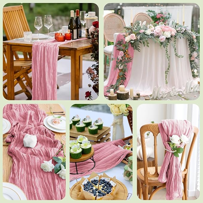 Asee'm 12pcs Cheesecloth Table Runner 120 Inches Long Pink Boho Gauze Cheese Cloth Runner 10FT Rustic Sheer Table Runners for Christmas Wedding Party Baby Shower Spring Easter Decoration