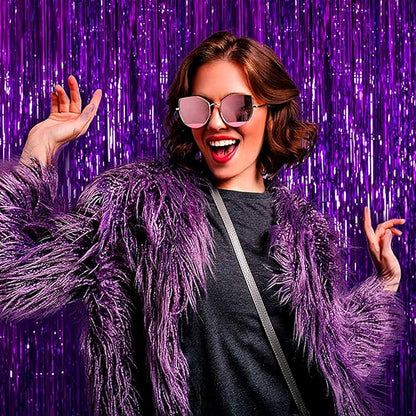 4 Pack Purple Foil Fringe Curtain Backdrop, 3.28Ft x 8.2Ft Metallic Tinsel Foil Fringe Streamer for Party, Photo Booth Props, Birthday, 2022 Graduation Decoration Party Supplies