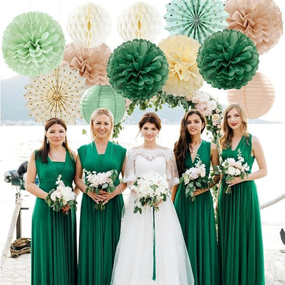 Olive-Sage Green Champagne-Gold Party-Decorations Lanterns - 14pcs Rustic Wedding Paper Fan Streamers,Tissue Pom Poms Honeycomb,Boho Bachelorette Neutral Baby Shower Birthday Bridal Decor Ouruola