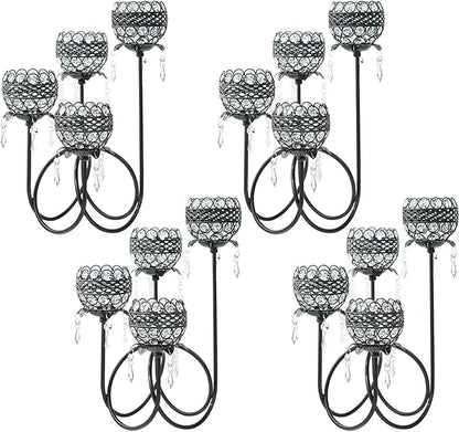 4 Arms Crystal Candelabra Tealight Holder - Tall 15.7 Inch Elegant Centerpiece with Crystal Pendant Bowls & Artistic Metal Stand for Wedding, Dining Table, Home Decor (4, Black)