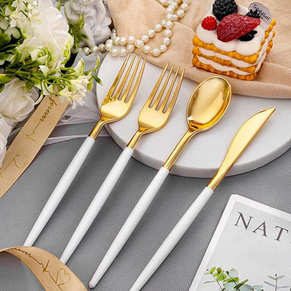 SUT Gold Plastic Silverware, 160Pcs Gold Utensils Set Disposable, 80 Gold Plastic Forks, 40 Gold Knives, 40 Gold Spoons, Gold Plastic Cutlery for Parties, Dinners, Weddings(White Gold)