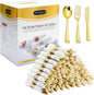 50 Pack Pre Rolled Gold Plastic Silverware Set with Napkins,Disposable Wrapped Heavy Duty Cutlery Set for Wedding Birthday Party-50 Forks,Knives,Spoons,Napkins,Utensils Set,Plasticware Bulk