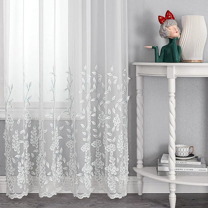 VISIONTEX White Sheer Voile Curtains, Decorative White Embossed Leaves Rod Pocket Window Drapes for Home Kitchen, Living Room and Bedroom 54 x 84 Inch, Set of 2 Curtain Panels