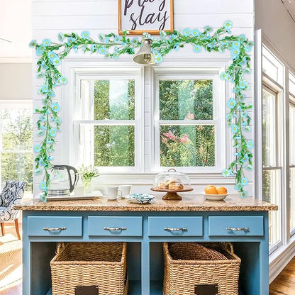 6.5Ft Artificial Blue Flower Garland Fake Daisy Floral Garland Hanging Flowers Silk Vines with Green Leaves for Backdrop Arch Wall Home Indoor Tiffany Blue Wedding Decor