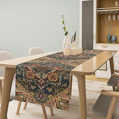 Boho Bohemia Style Table Runner, Country Rustic Farmhouse Vintahe Colorful Geometry Print Table Runner for Home Kitchen Dinner Party Holiday Decor, 13x60inch