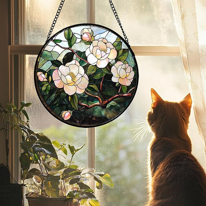 Stained Glass Suncatcher, Light Pink Flowers Green Leaf Sun Catcher Plant Stain Glass Window Hanging Decoration Mother's Day Birthday Gifts for Women Men Mom Nana 15 in