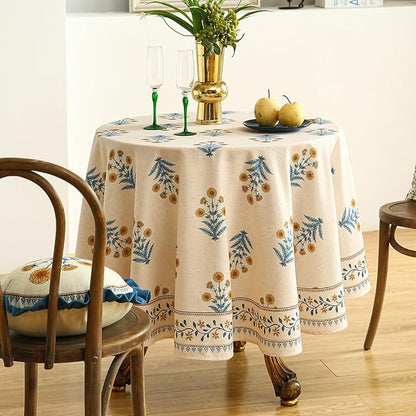ISAENNE Designer French Pale Yellow Round Tablecloth,Linen Floral Table Cloth,Wrinkle Resistant Decor Tablecloths for Dining Thanksgiving Banquet Kitchen Party,Diameter 67"-Estevan A