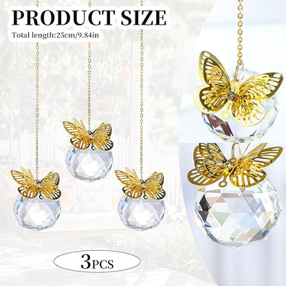Crystal Suncatchers Gold Butterfly 40mm Crystal Prisms Ball Rainbow Maker with Chain for Window Hanging Decoratioin 3 Pack