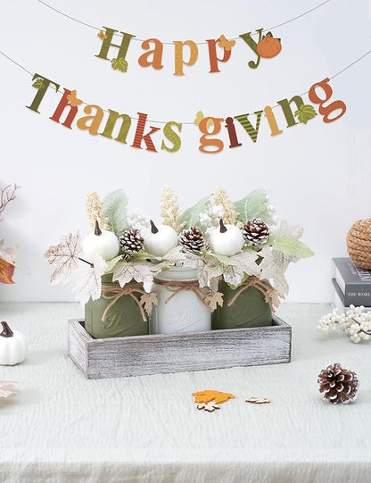 Fall Thanksgiving Table Decor, Centerpieces for Tables with Mason Jar, Fake Flowers, Wood Tray, 16 Pcs Pumpkin Fall Thanksgiving Centerpieces Table Decorations for Home, Farmhouse Kitchen Decor