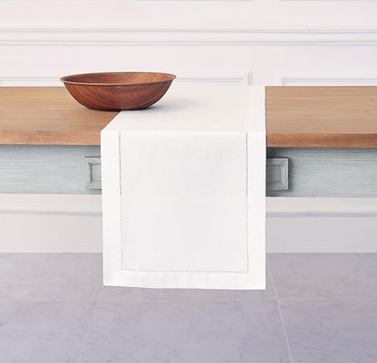Solino Home Cotton Linen White Table Runner 72 Inches Long - Hemstitch Table Runner 14 x 72 Inch for Dresser, Dining, Fall, Autumn, Halloween, Thanksgiving, Christmas, Holiday