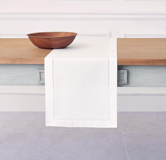Solino Home White Table Runner 48 Inches - Cotton Linen Hemstitch Coffee Table Runner 14 x 48 Inch Ideal for Dresser Tables - Fall, Autumn, Halloween, Thanksgiving, Christmas, Holiday