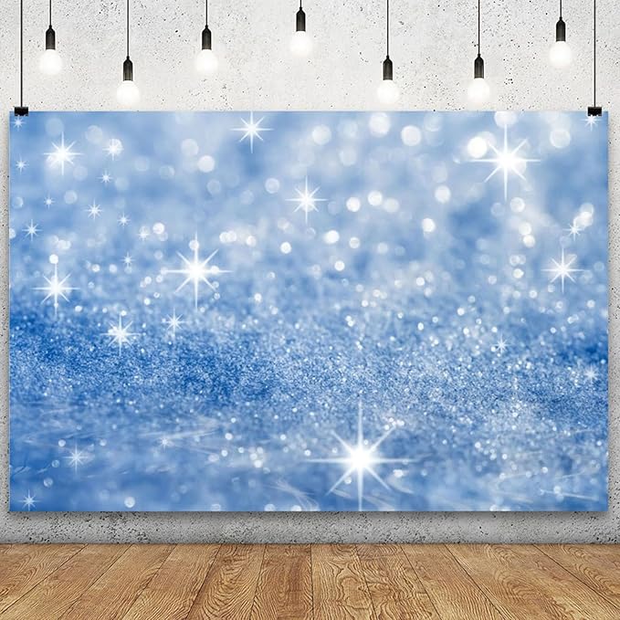 YongFoto Silver Blue Glitter Backdrop 10x6.5ft Silver Light Spots Blue Sequin Bokeh Photography Background Birthday Bridal Shower Wedding Photography Background Party Banner Portraits Photoshoot Props
