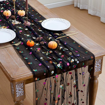 JIALE Black Floral Table Runner, Embroidery Daisy Seasonal Table Decorations, 120Inch 10FT Tulle Fabric for Home Decor, Bridal Shower Wedding, Baby Shower Parties, DIY Craft