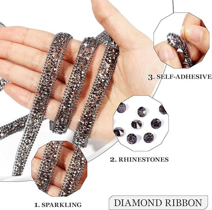 Rhinestone Ribbon 6 Yards Self Adhesive Rhinestone Strips Diamond Ribbon Sticker Crystal Roll Glitter Bling Rhinestones Tape for Crafting DIY Art Decoration (Jet Hematite,0.4 Inch)