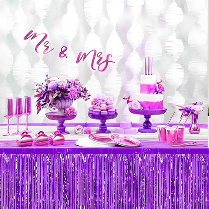 3 Pack 29x108 Inch Purple Foil Fringe Table Skirts Metallic Banner for Tinsel Streamer Garland Backdrop for Parade Floats Wedding Thanksgiving Birthday Christmas Halloween Party Decoration