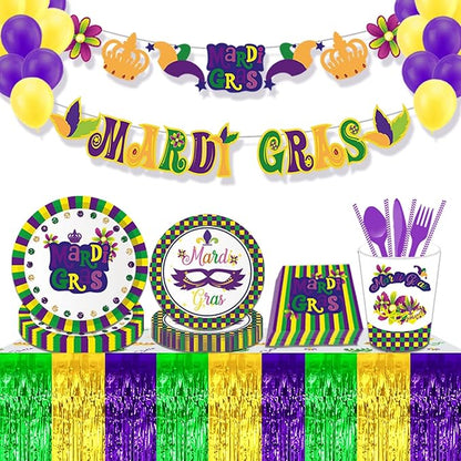 6 Pack 29x108 Inch Mardi Gras Metallic Foil Fringe Tinsel Table Skirts for Rectangle Tables Streamer Backdrop for Wedding, Birthday, Parade Floats, Carnival Party Decoration Gold Green Purple