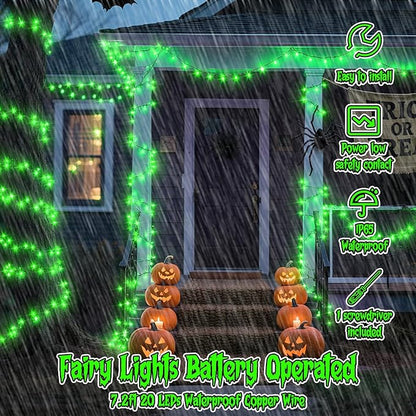 TingMiao Halloween Green Fairy Lights Battery Operate,7.2ft 20 LEDs String Lights Silver Copper Wire for Hallowen Christmas DIY Decoration Wedding Party (6 Pack)