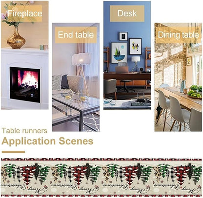 Christmas Tree Table Runner,Farmhouse Xmas Trees Buffalo Plaid Winter Snowflake Tablecloth Burlap for Hotel Indoors Outdoor Dining Room Kitchen Home Decor,W13X L90 in